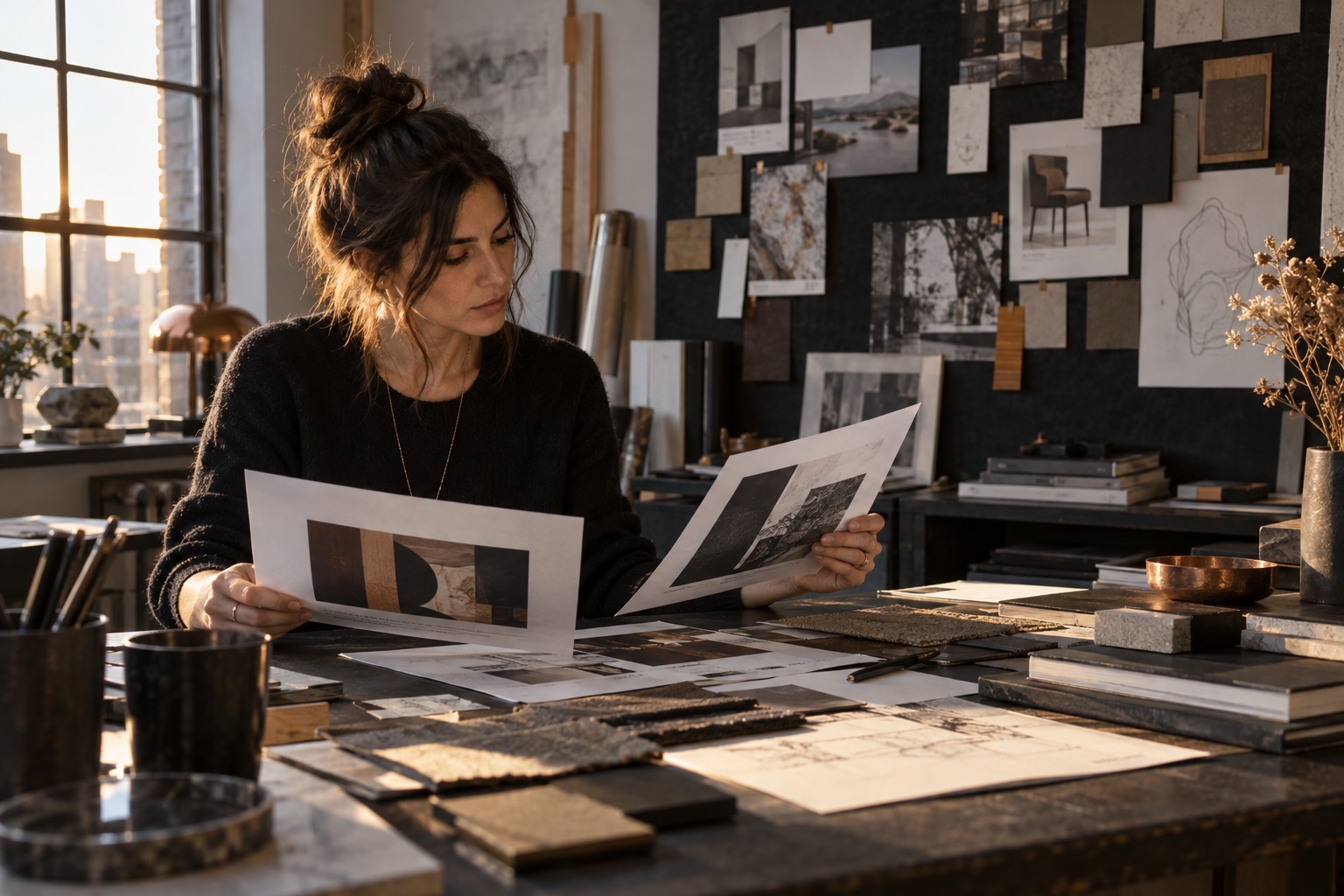 Une directrice artistique compare des pistes visuelles dans son atelier